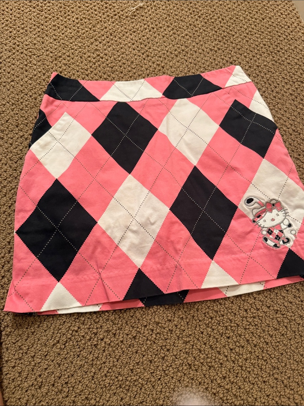 Argyle Mini Skirt in Pink, Black & White with Character Patch